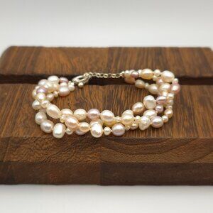 8 Inch 925 Sterling Silver Cute Triple Strands Of Light Pearls Bracelet